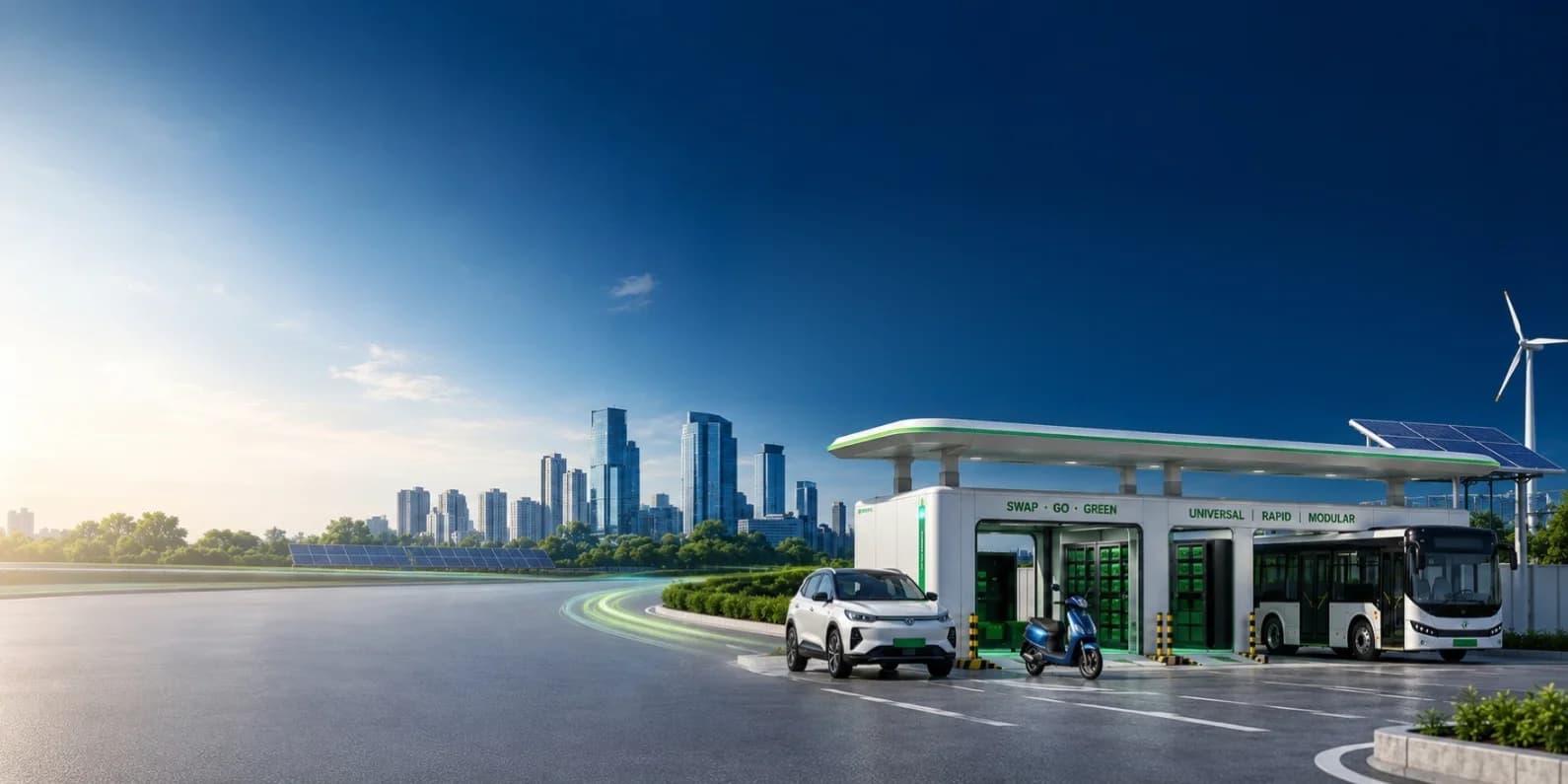 Amigas universal EV battery swapping station with a solar roof serving cars, scooters and buses